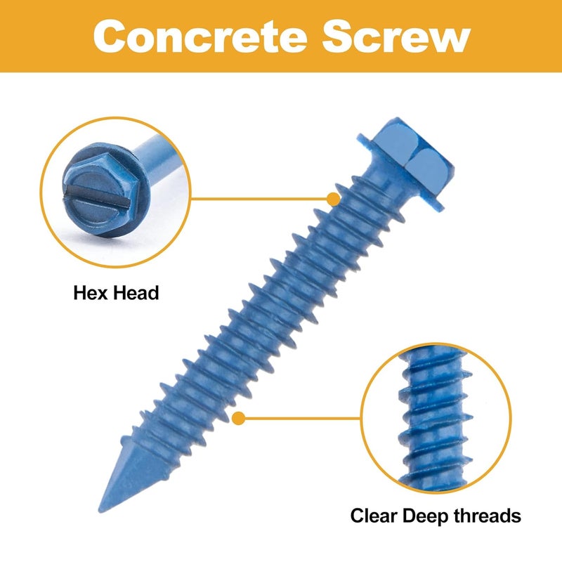 VIGRUE Concrete Screws Assortment Kit 1/4" x 1-1/4" to 2-1/4" and 3/16" x 1-1/4" to 2-3/4" 175PCS Hex Head Cement Screws Set Diamond Point for Anchoring to Masonry, Block or Brick - Image 2